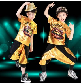 Gold black patchwork girls kids children boys stage performance school play harem pants hip hop dance jazz dance costumes outfits